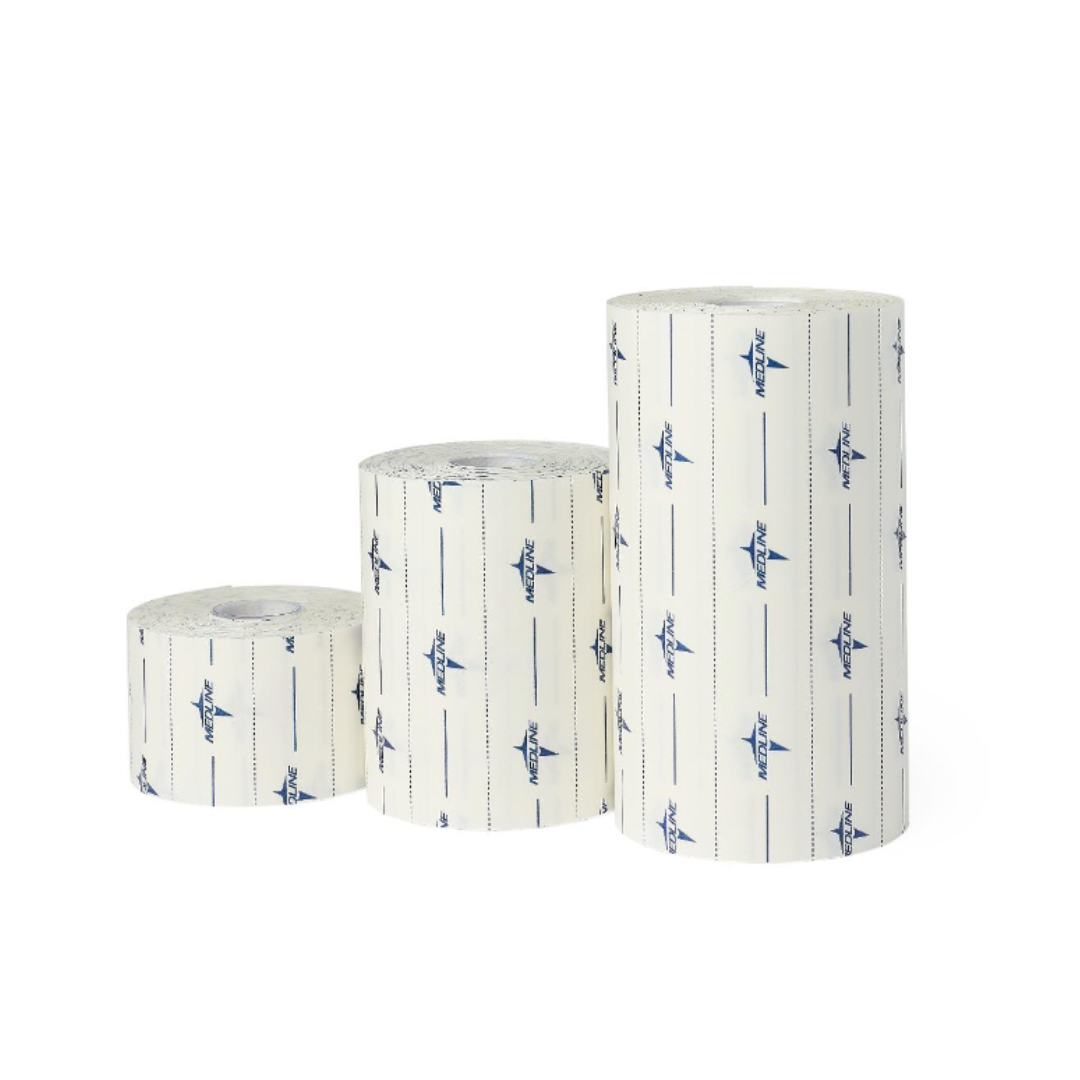 Three rolls of Medline MedFix Dressing Retention Tape in various sizes stand upright in a row. The white tape displays blue logos and vertical lines, arranged neatly against a plain white background.